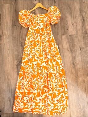 Orange and White Puff-Sleeve Maxi Dress